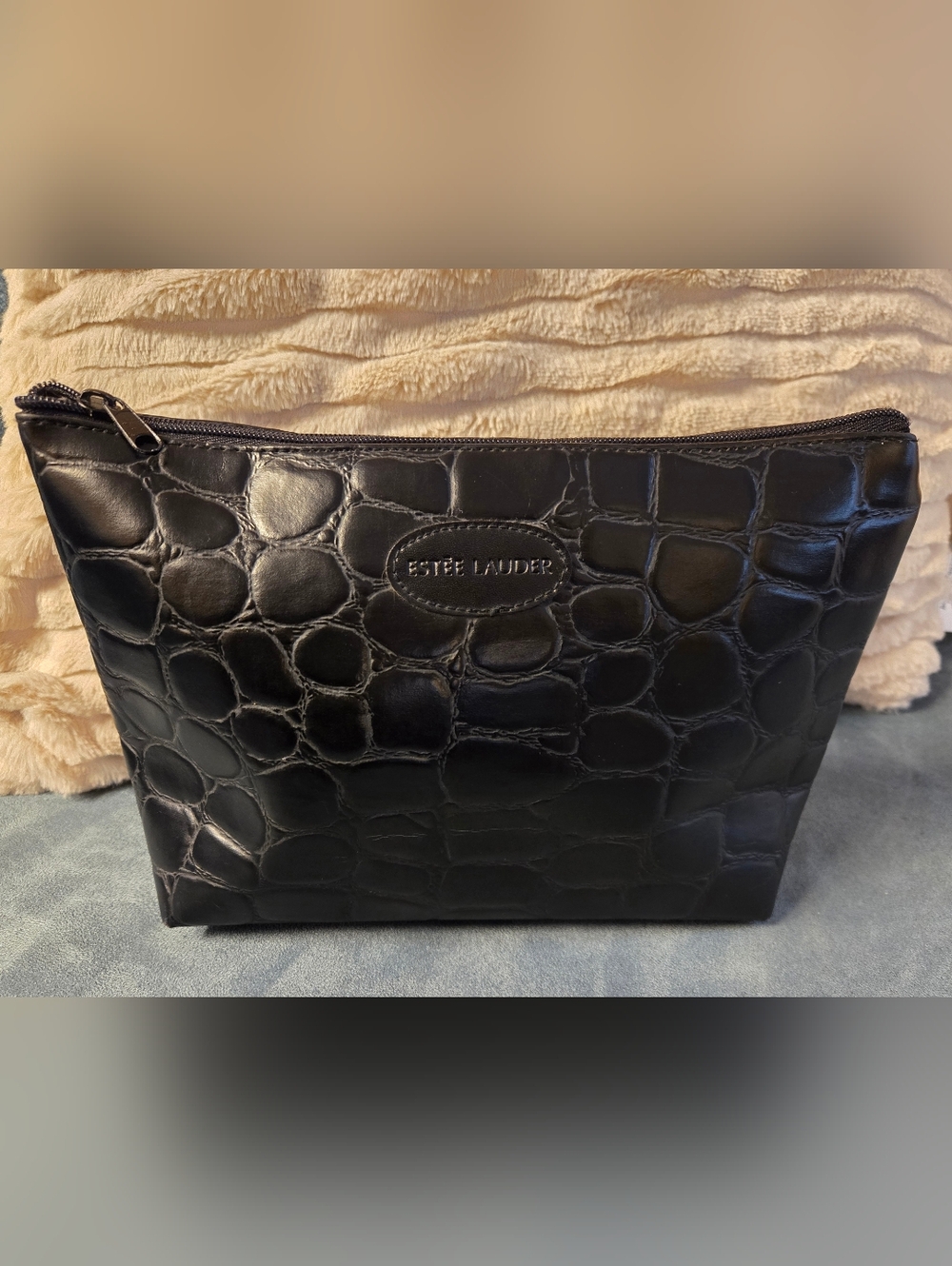 Estee Lauder Vintage 1990s Black Faux Crocodile Cosmetic Travel Bag